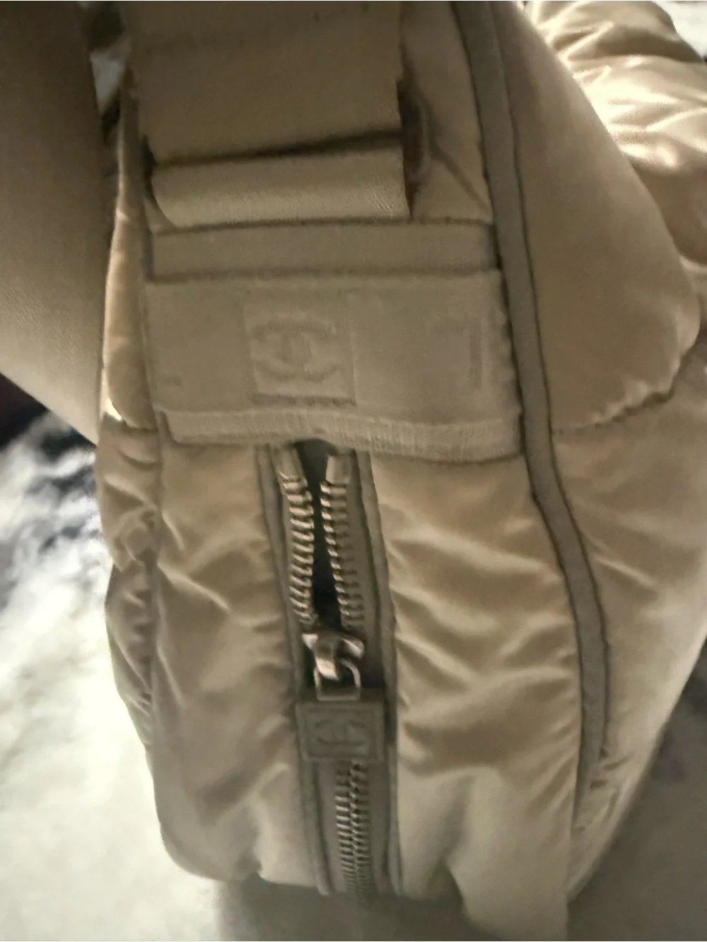 CHANEL Beige Quilted Nylon CC Logo Shoulder Bag